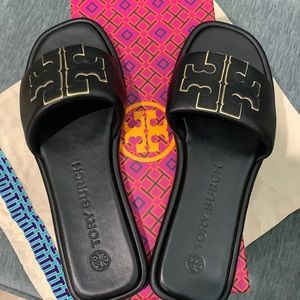 NWT  Tory Burch Perfect black and gold slides Box and bag included .